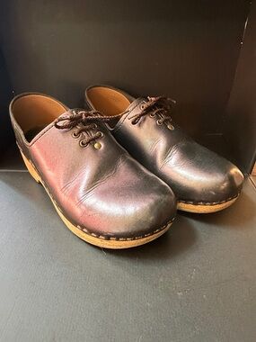 Sven Iridescent Eggplant Leather Lace-Up Close-back Clog Wood Base 38